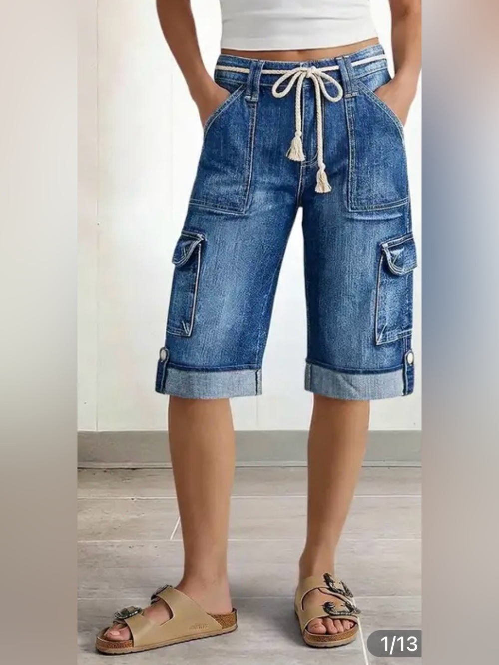 Flamingals Wash Roll Hem flap Pocket Belted Mid Rise Denim Bermuda Shorts